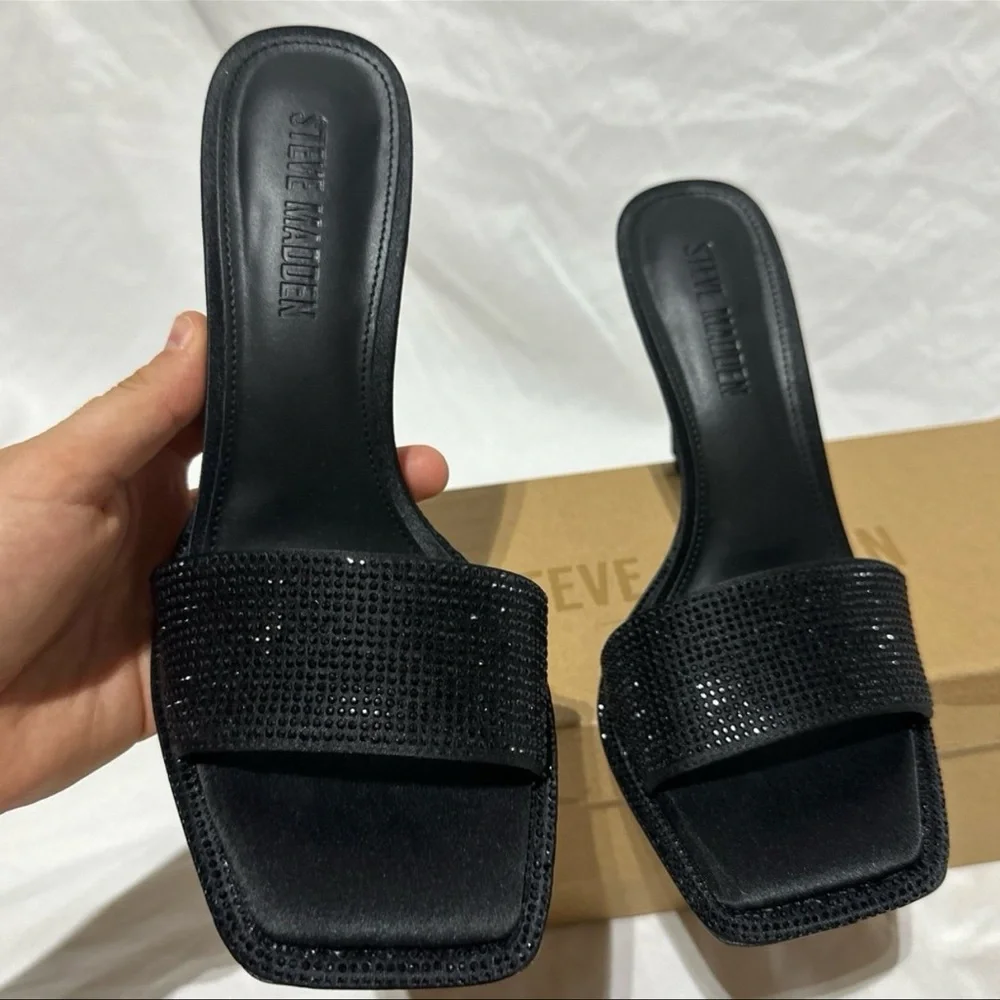 Steve Madden Yara Black Sparkle Embellished Rhinestone Open Toe Sexy Heels